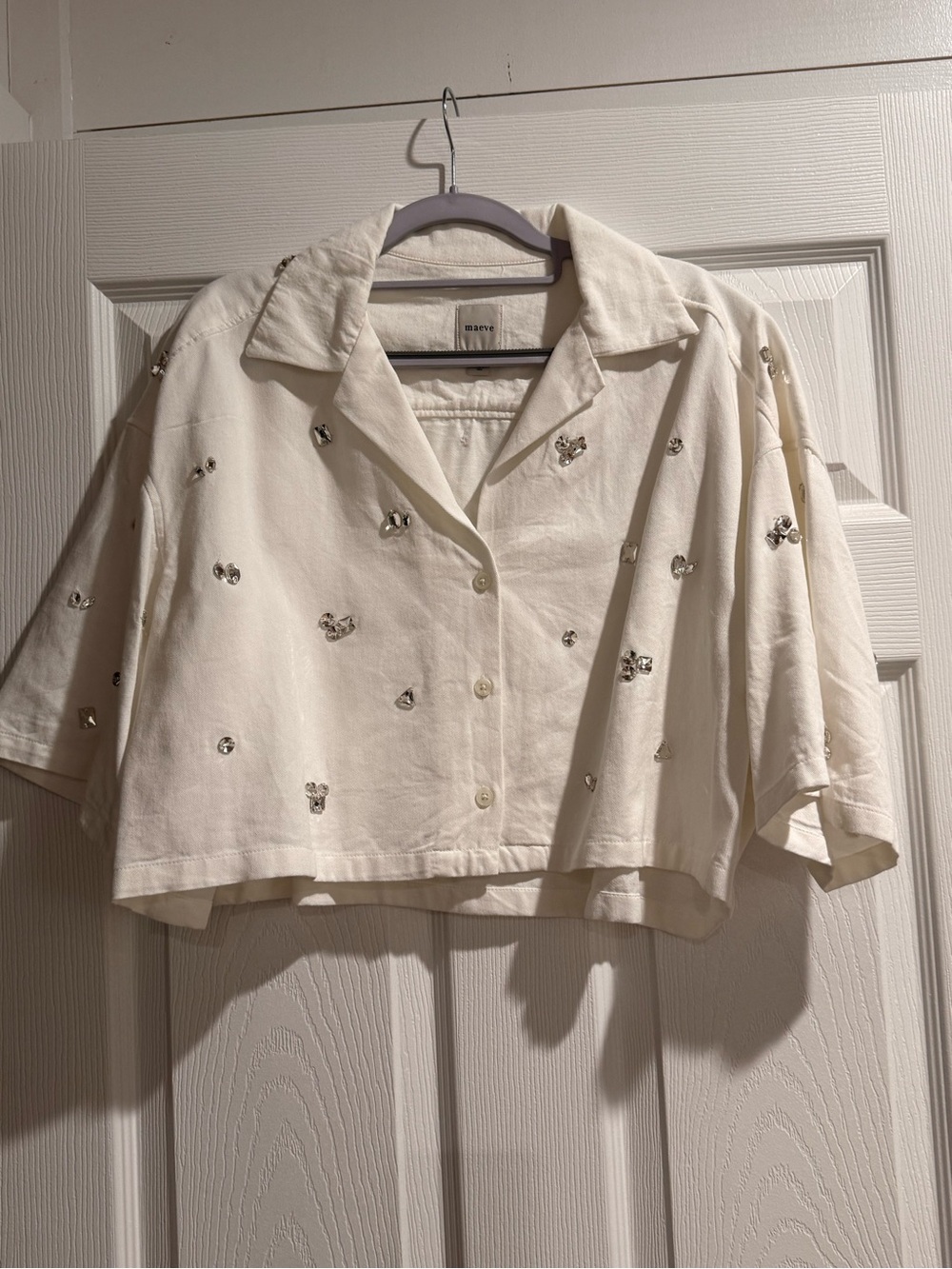 Anthropologie Cropped Embellished cotton Cream Button-Up shirt